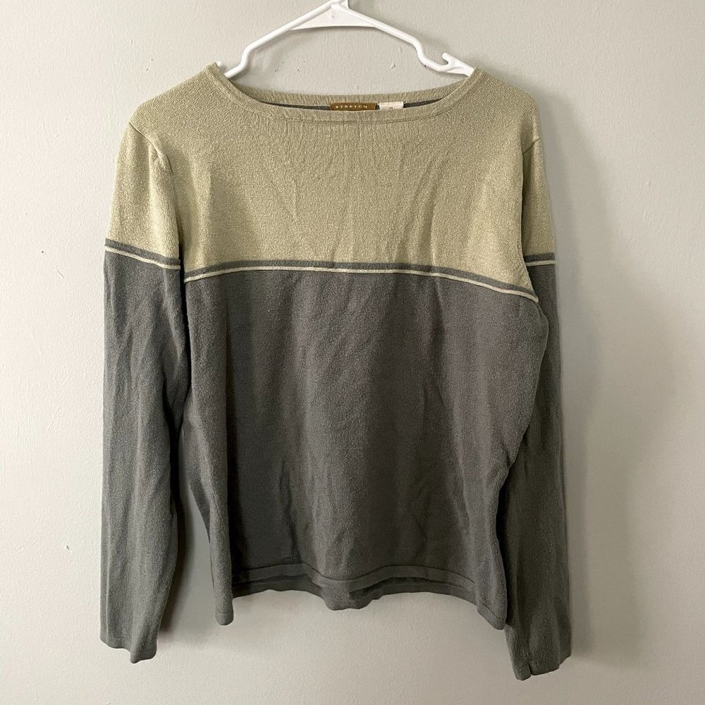 Vintage stretch gray green striped long sleeved crewneck sweater rayon nylon